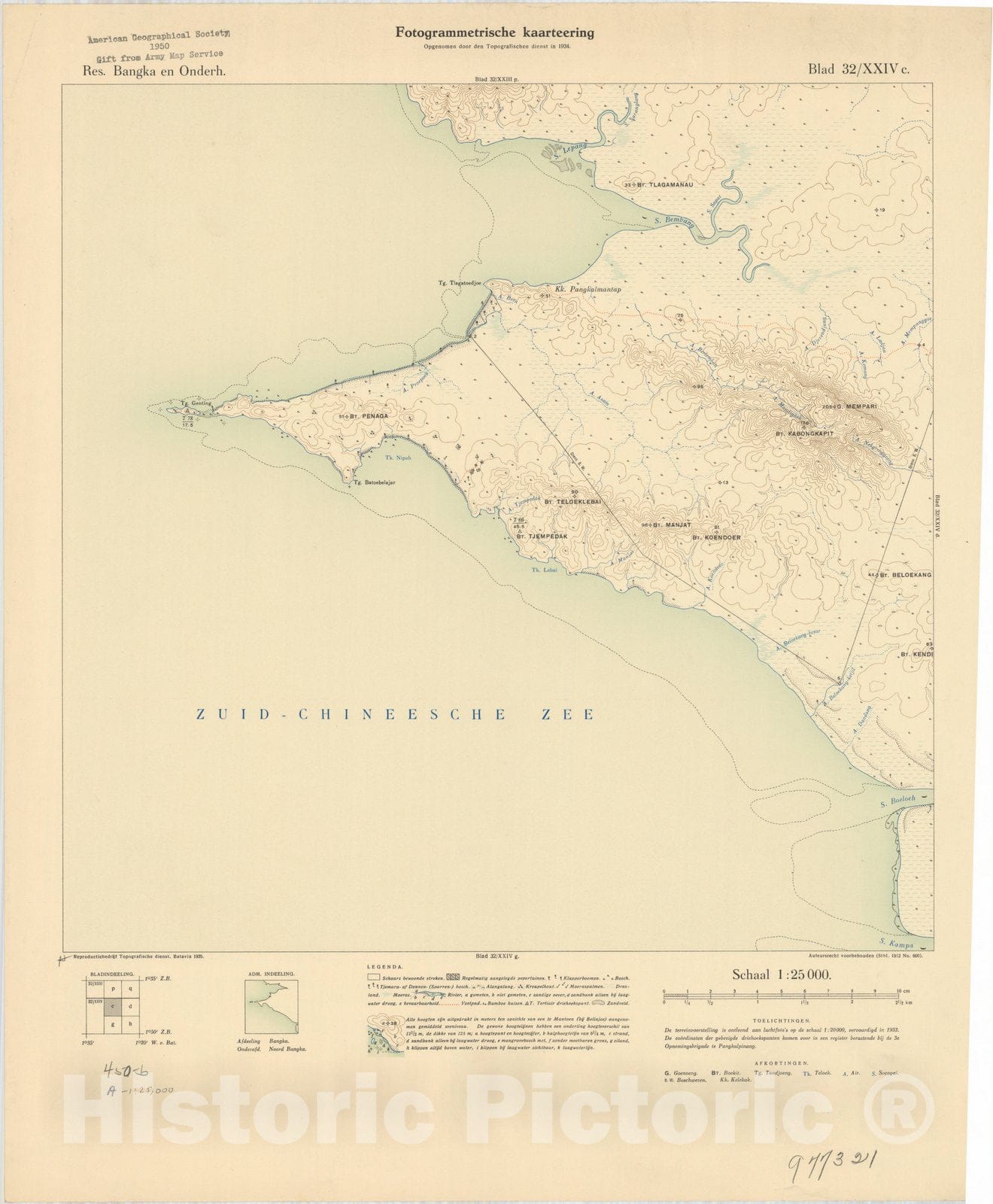 Map : Bangka Island, Indonesia 1935 18, Res. Bangka en Onderh : topografische en fotogrammetrische kaarterring, Antique Vintage Reproduction