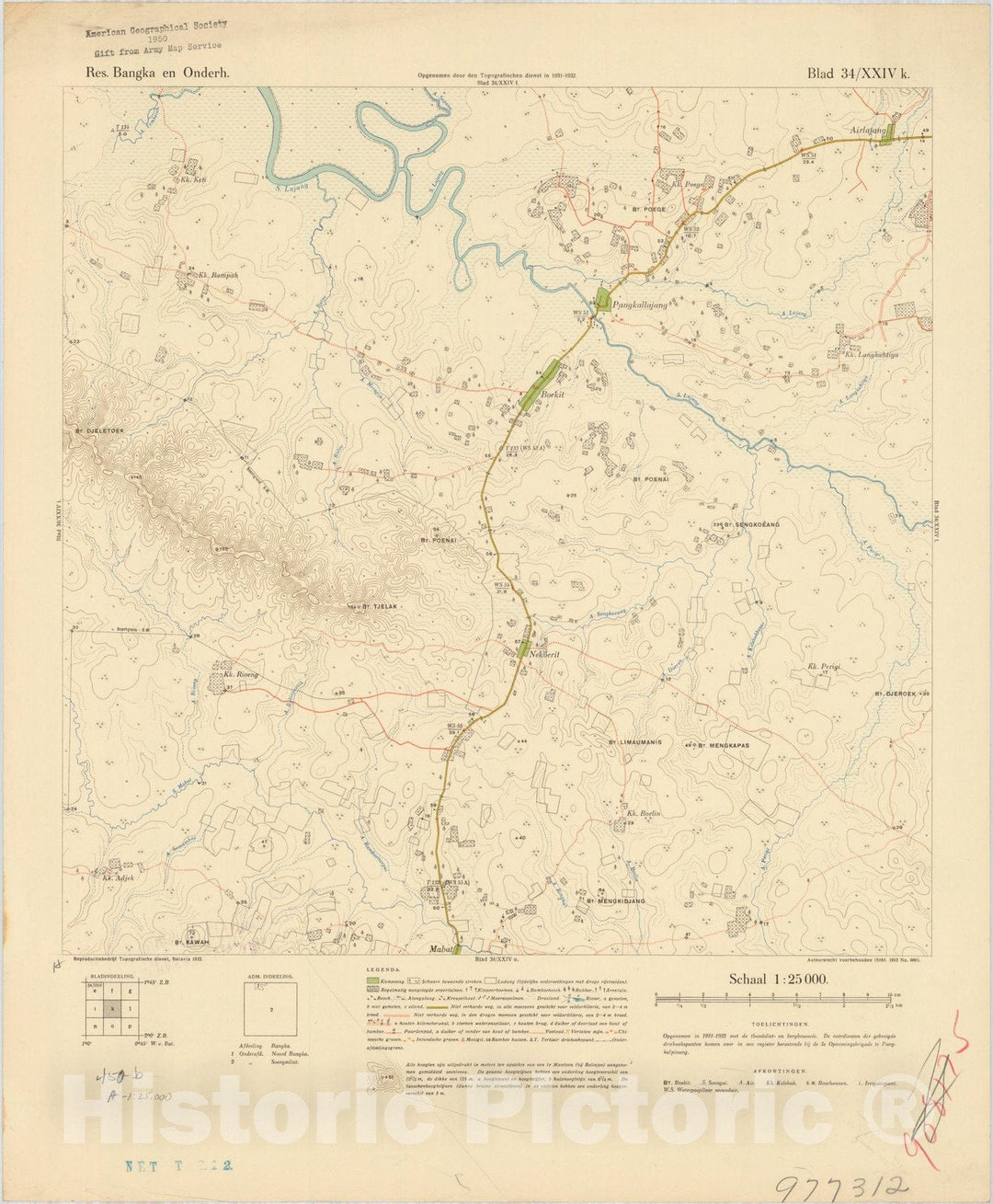 Map : Bangka Island, Indonesia 1935 19, Res. Bangka en Onderh : topografische en fotogrammetrische kaarterring, Antique Vintage Reproduction