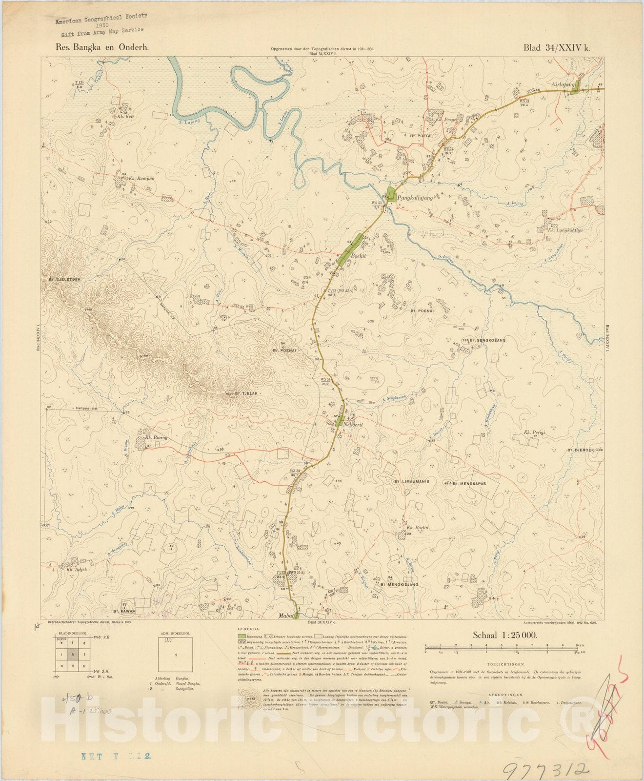 Map : Bangka Island, Indonesia 1935 19, Res. Bangka en Onderh : topografische en fotogrammetrische kaarterring, Antique Vintage Reproduction