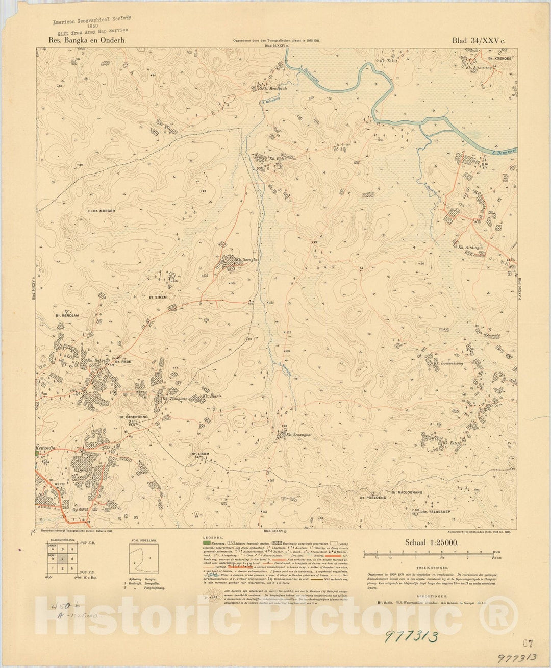 Map : Bangka Island, Indonesia 1935 20, Res. Bangka en Onderh : topografische en fotogrammetrische kaarterring, Antique Vintage Reproduction