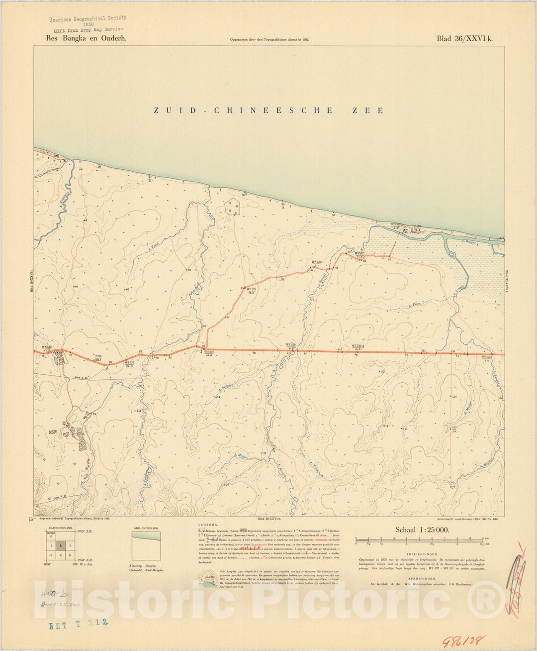 Map : Bangka Island, Indonesia 1935 2, Res. Bangka en Onderh : topografische en fotogrammetrische kaarterring, Antique Vintage Reproduction