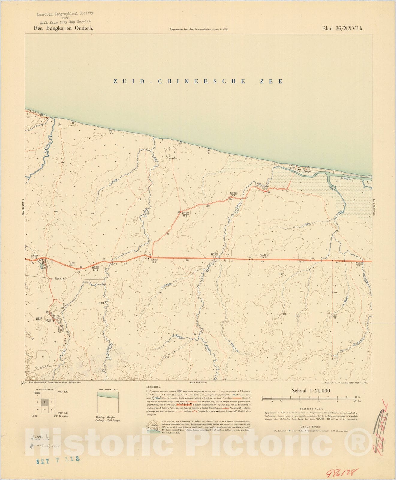 Map : Bangka Island, Indonesia 1935 2, Res. Bangka en Onderh : topografische en fotogrammetrische kaarterring, Antique Vintage Reproduction