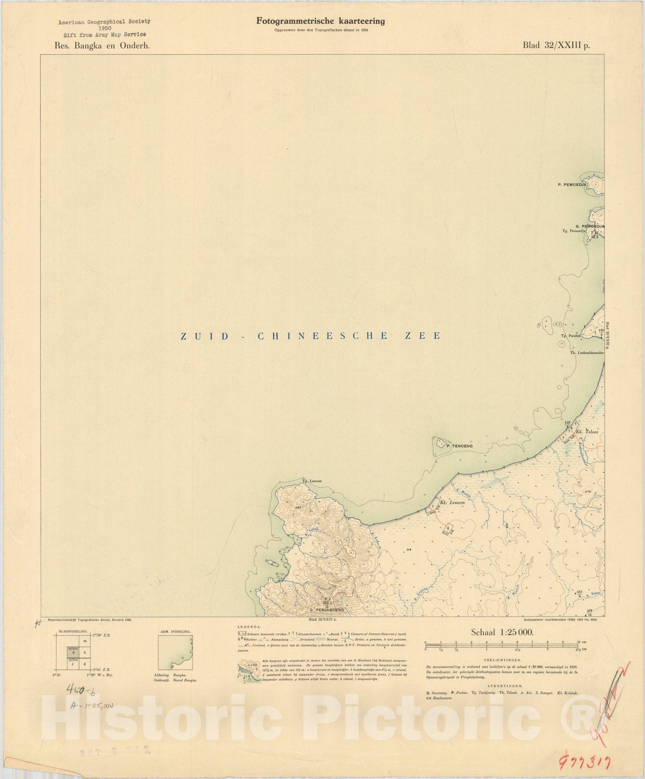 Map : Bangka Island, Indonesia 1935 3, Res. Bangka en Onderh : topografische en fotogrammetrische kaarterring, Antique Vintage Reproduction