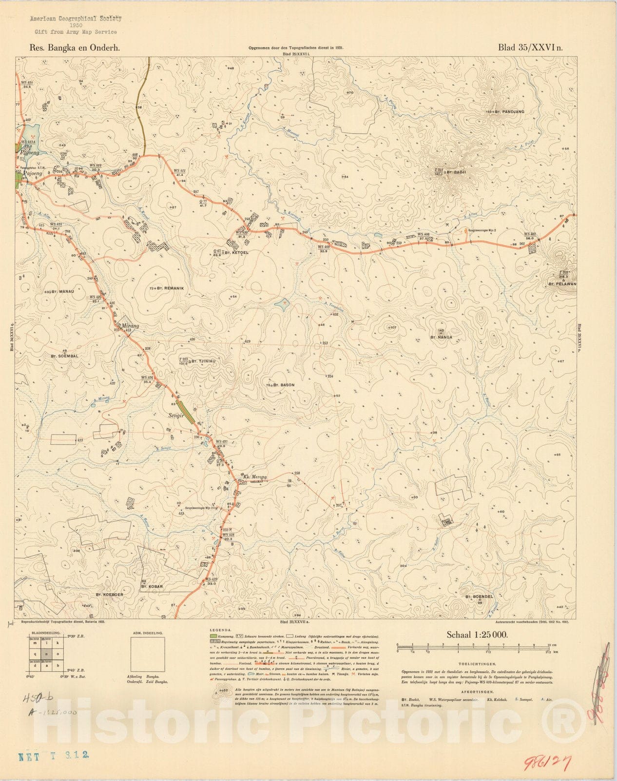 Map : Bangka Island, Indonesia 1935 4, Res. Bangka en Onderh : topografische en fotogrammetrische kaarterring, Antique Vintage Reproduction