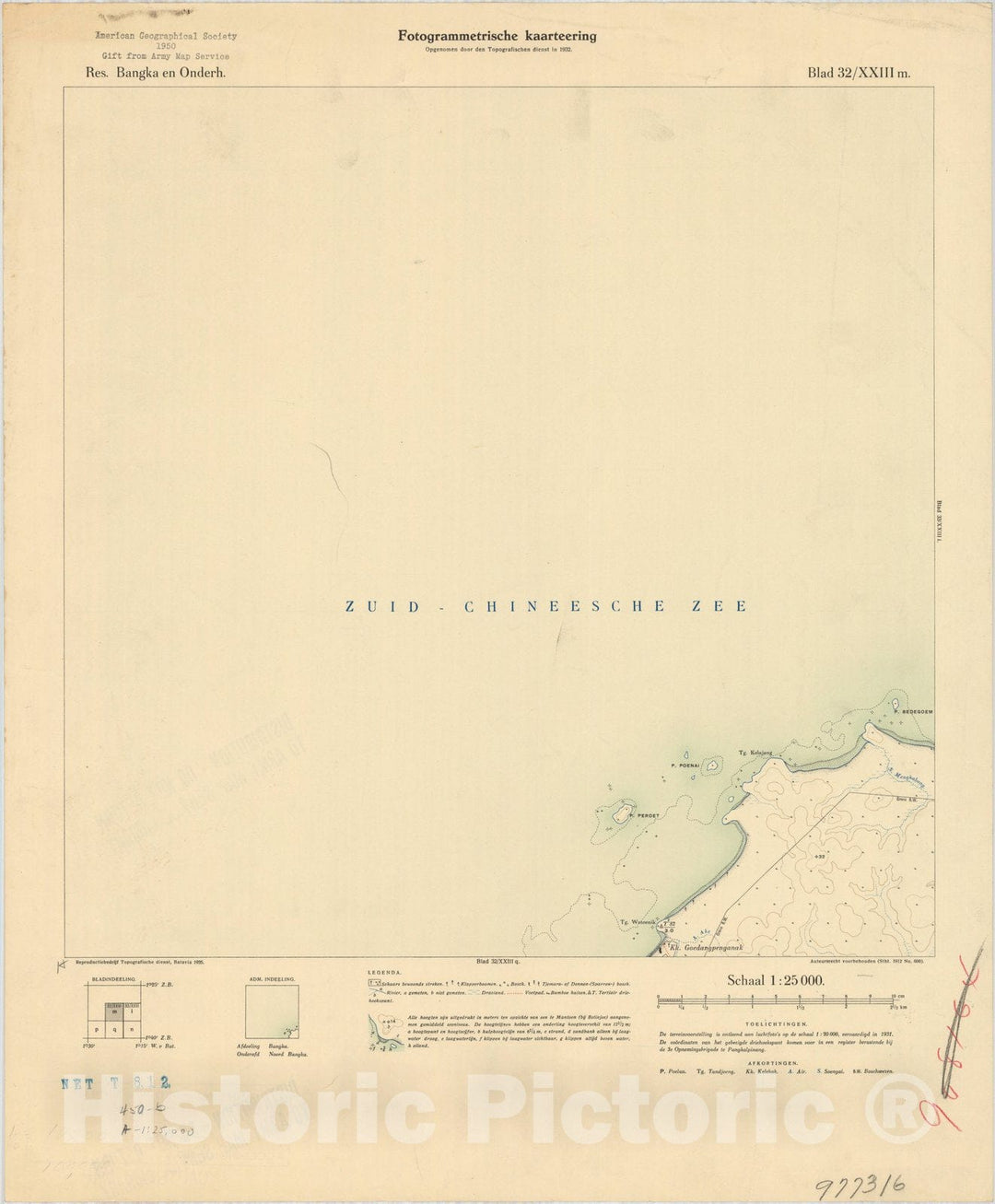 Map : Bangka Island, Indonesia 1935 5, Res. Bangka en Onderh : topografische en fotogrammetrische kaarterring, Antique Vintage Reproduction