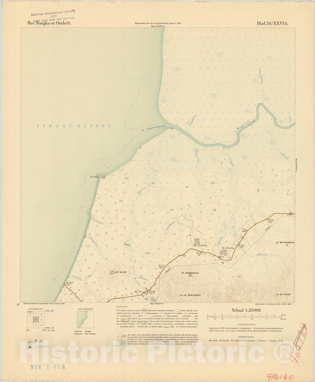 Map : Bangka Island, Indonesia 1935 6, Res. Bangka en Onderh : topografische en fotogrammetrische kaarterring, Antique Vintage Reproduction