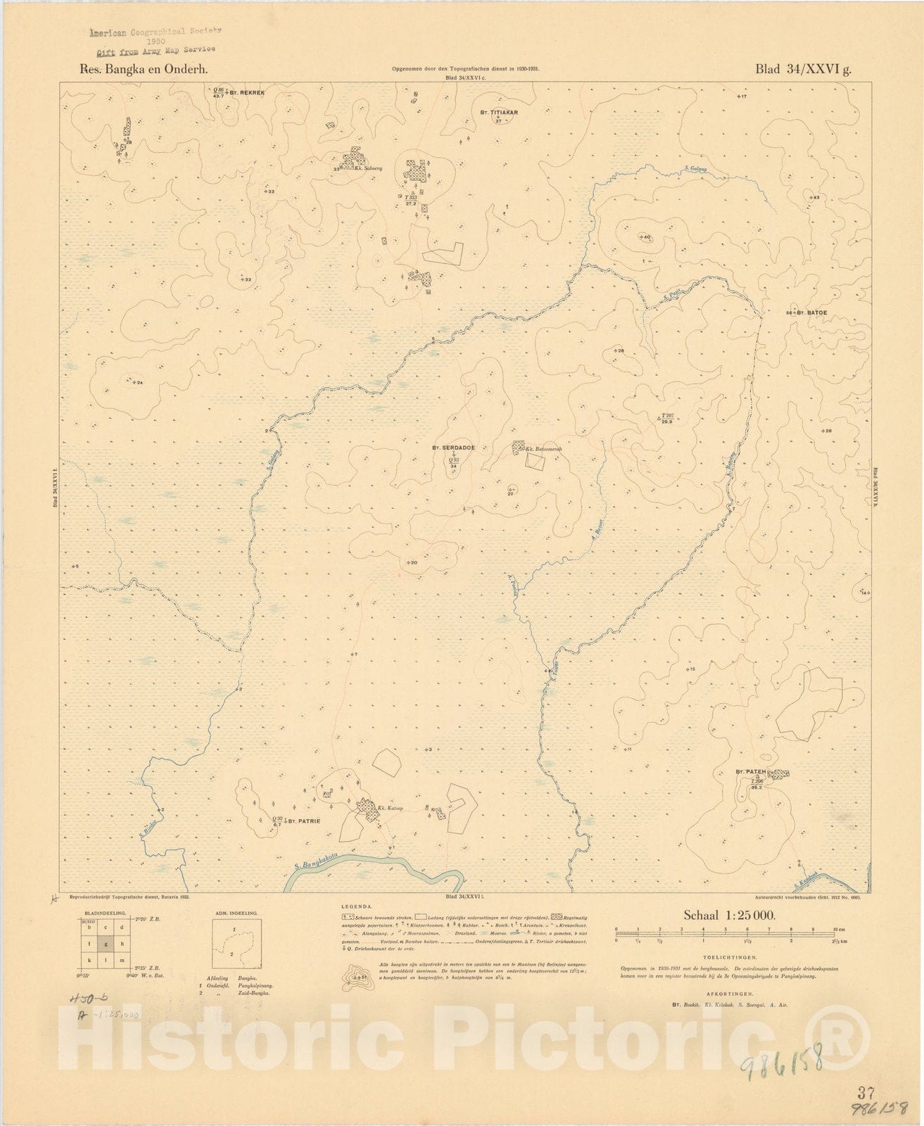 Map : Bangka Island, Indonesia 1935 7, Res. Bangka en Onderh : topografische en fotogrammetrische kaarterring, Antique Vintage Reproduction