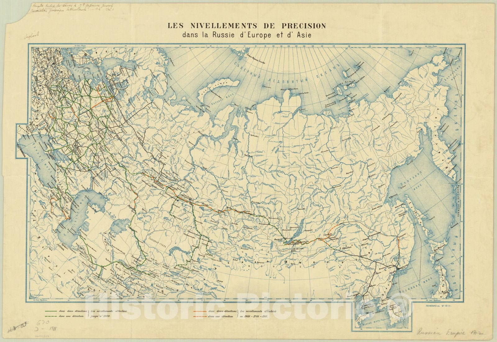 Map : Russia 1913, Les Nivellements de precision dans la Russie d'Europe et d'Asie, Antique Vintage Reproduction