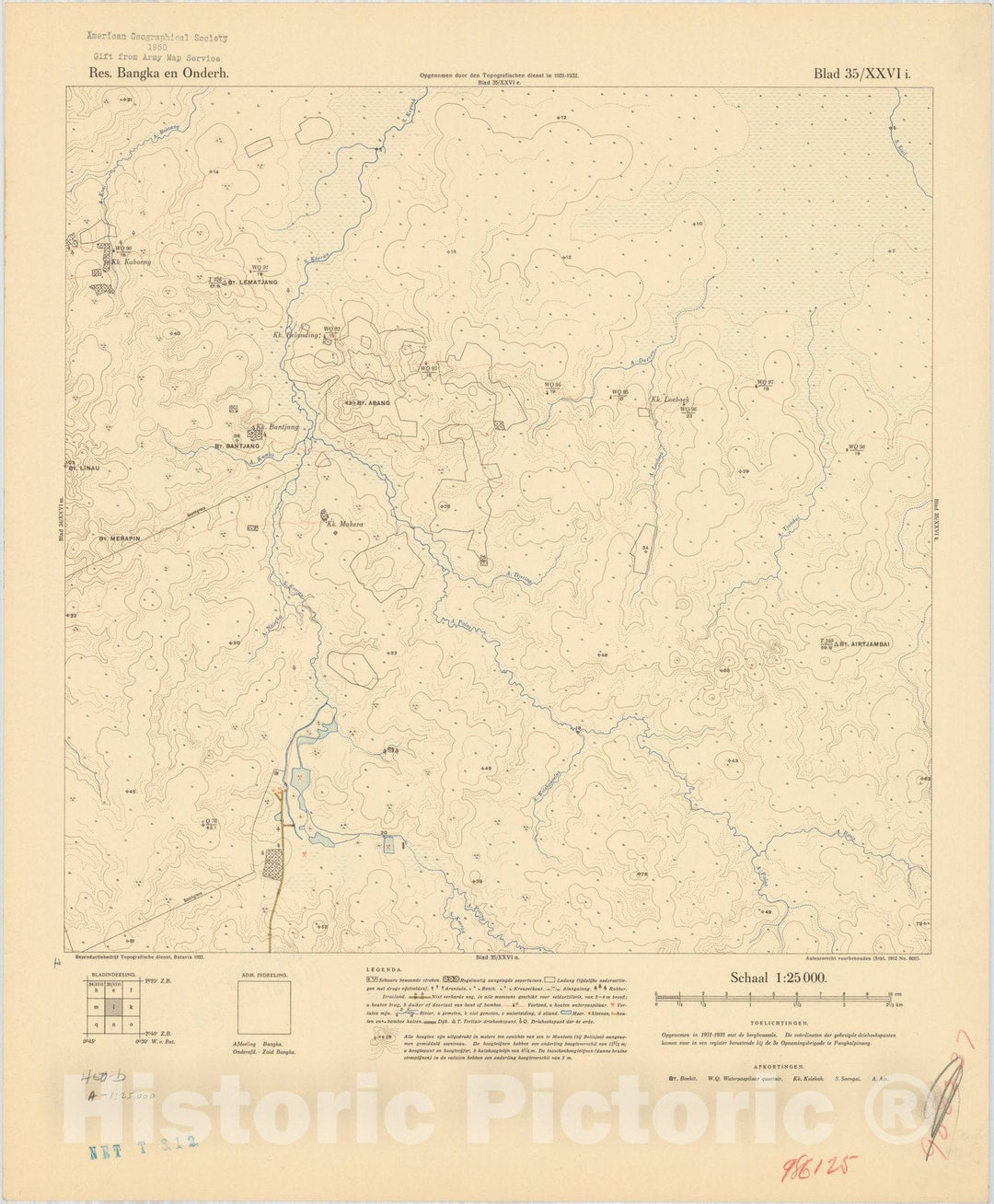 Map : Bangka Island, Indonesia 1935 8, Res. Bangka en Onderh : topografische en fotogrammetrische kaarterring, Antique Vintage Reproduction