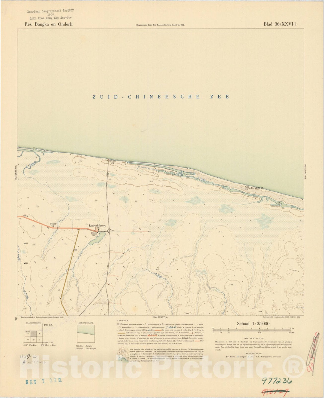 Map : Bangka Island, Indonesia 1935 9, Res. Bangka en Onderh : topografische en fotogrammetrische kaarterring, Antique Vintage Reproduction