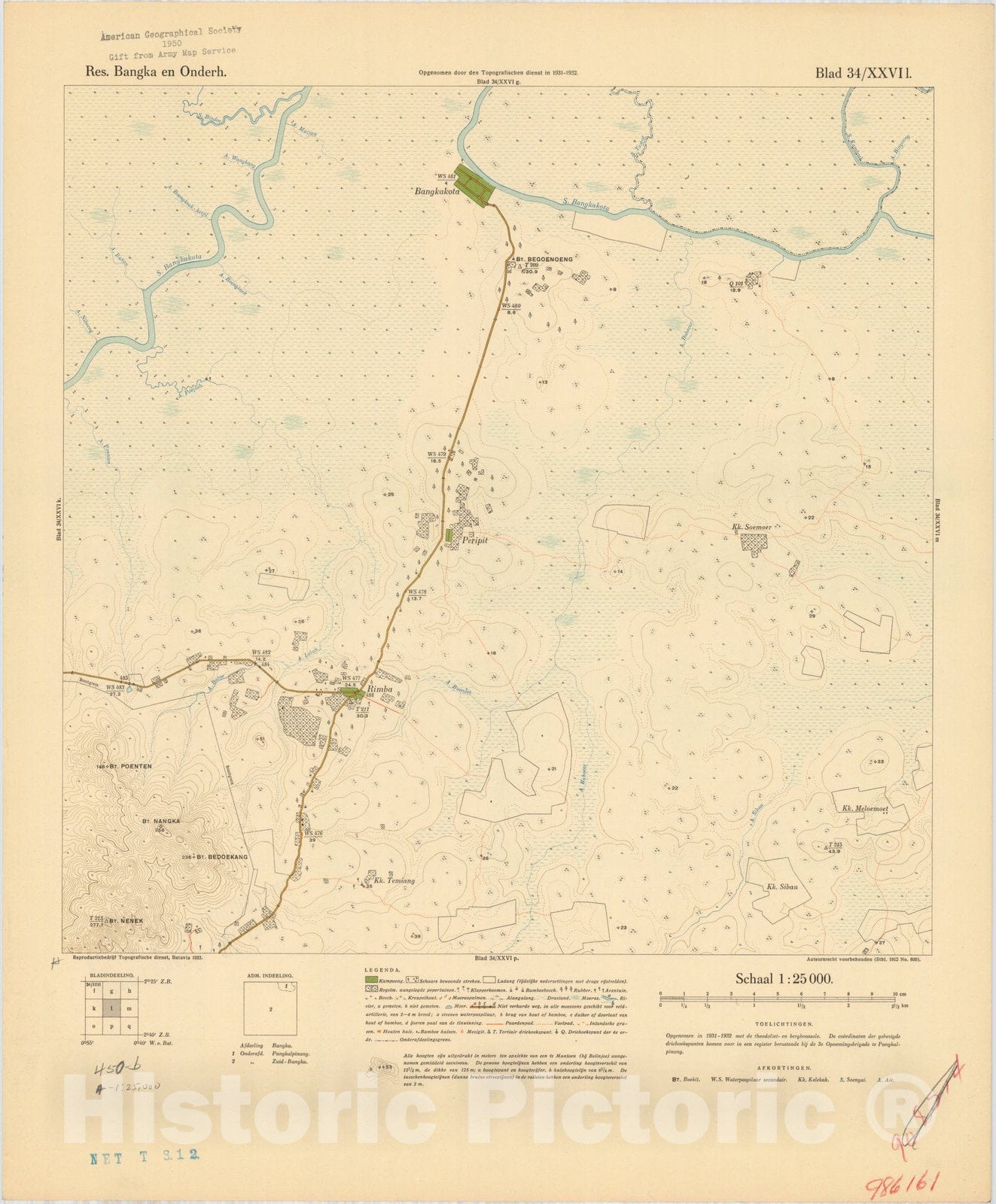 Map : Bangka Island, Indonesia 1935 10, Res. Bangka en Onderh : topografische en fotogrammetrische kaarterring, Antique Vintage Reproduction