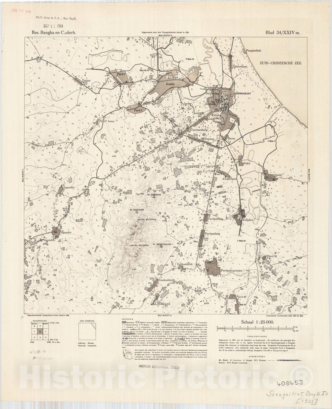 Map : Bangka Island, Indonesia 1935 11, Res. Bangka en Onderh : topografische en fotogrammetrische kaarterring, Antique Vintage Reproduction