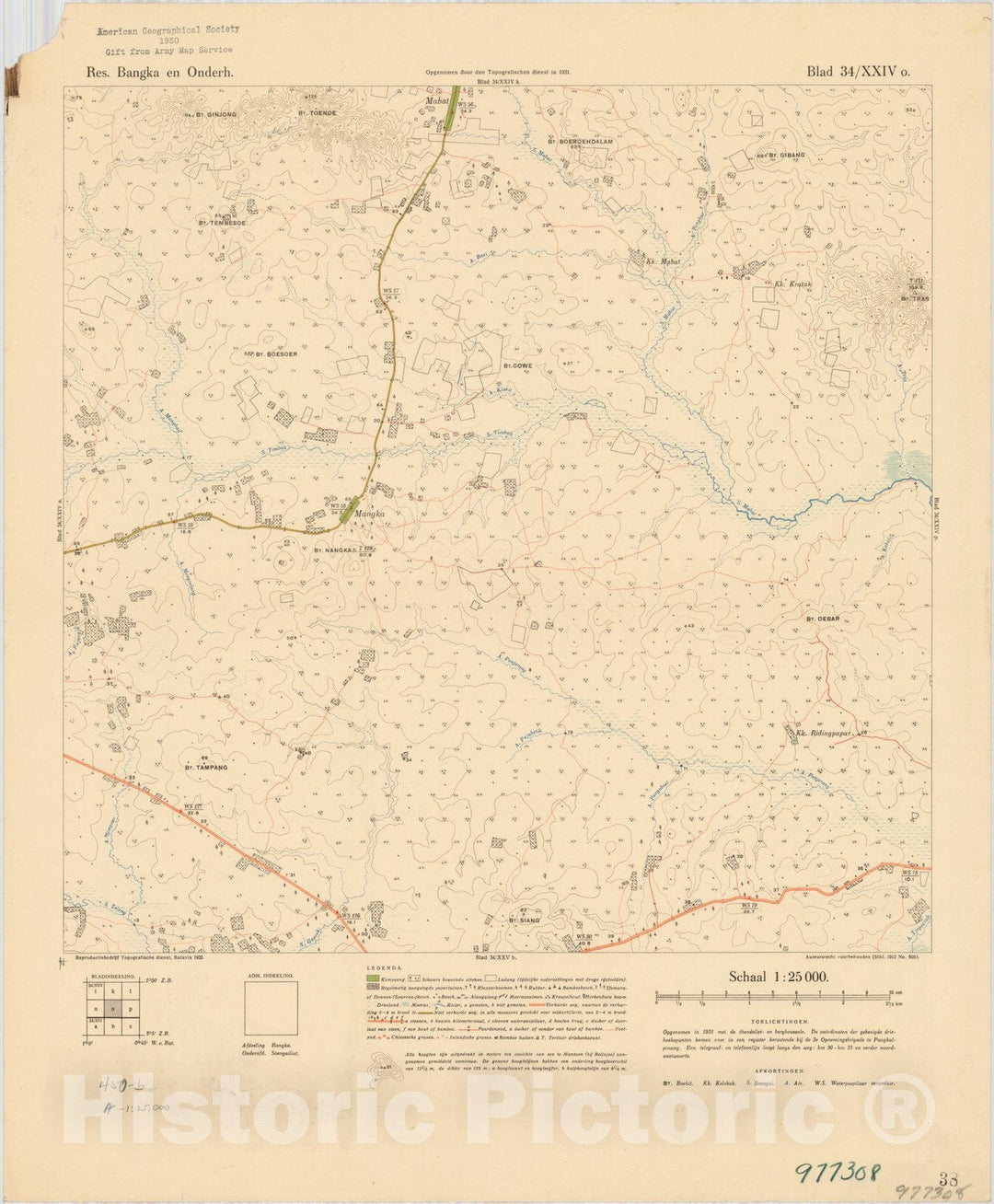 Map : Bangka Island, Indonesia 1935 24, Res. Bangka en Onderh : topografische en fotogrammetrische kaarterring, Antique Vintage Reproduction