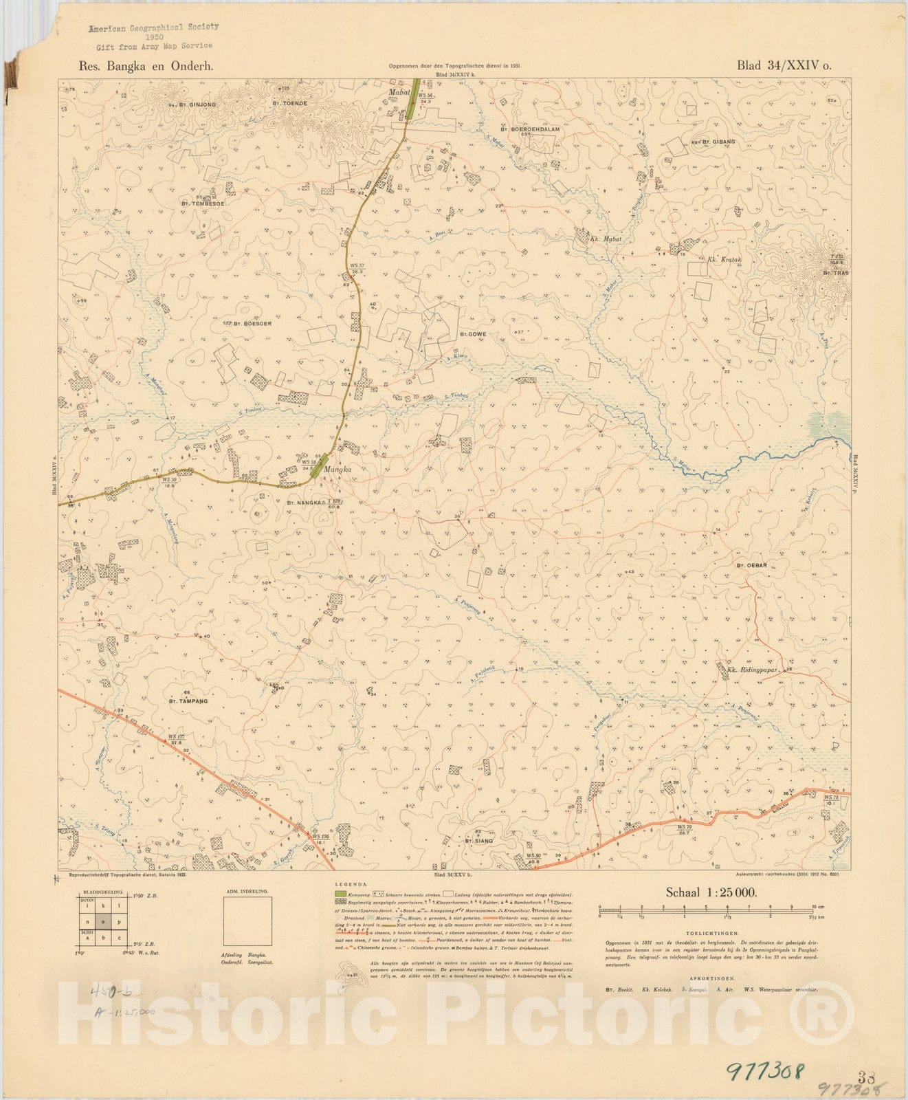 Map : Bangka Island, Indonesia 1935 24, Res. Bangka en Onderh : topografische en fotogrammetrische kaarterring, Antique Vintage Reproduction