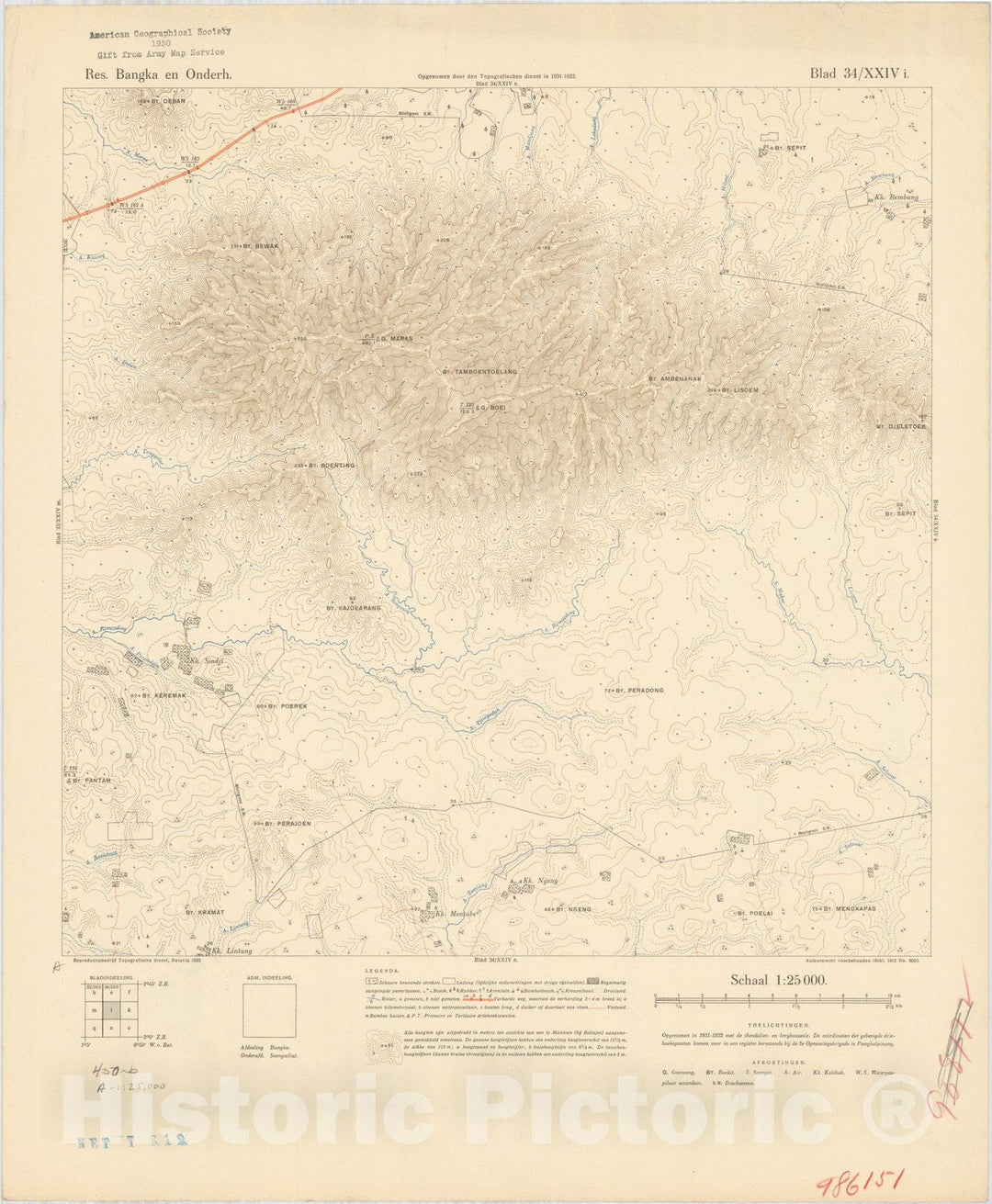 Map : Bangka Island, Indonesia 1935 15, Res. Bangka en Onderh : topografische en fotogrammetrische kaarterring, Antique Vintage Reproduction