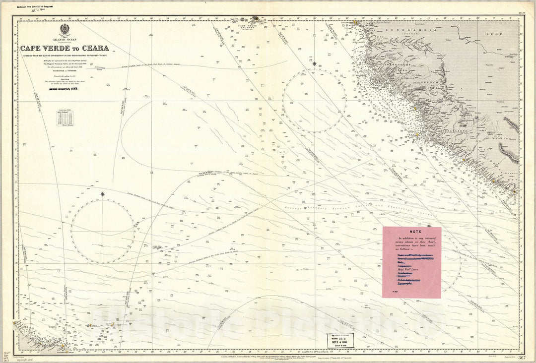 Map : Cape Verde 1937, Atlantic Ocean, Cape Verde to Ceara , Antique Vintage Reproduction