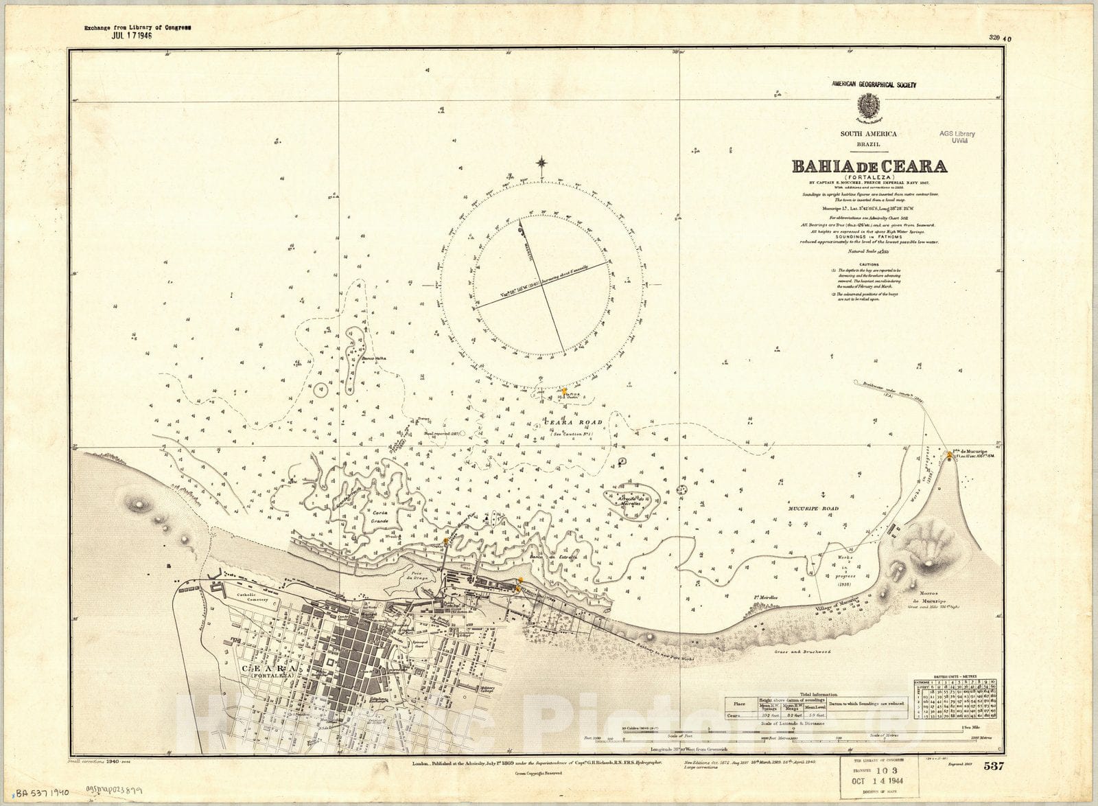 Map : Fortaleza, Brazil 1940, South America, Brazil, Bahia de Ceara (Fortaleza) , Antique Vintage Reproduction