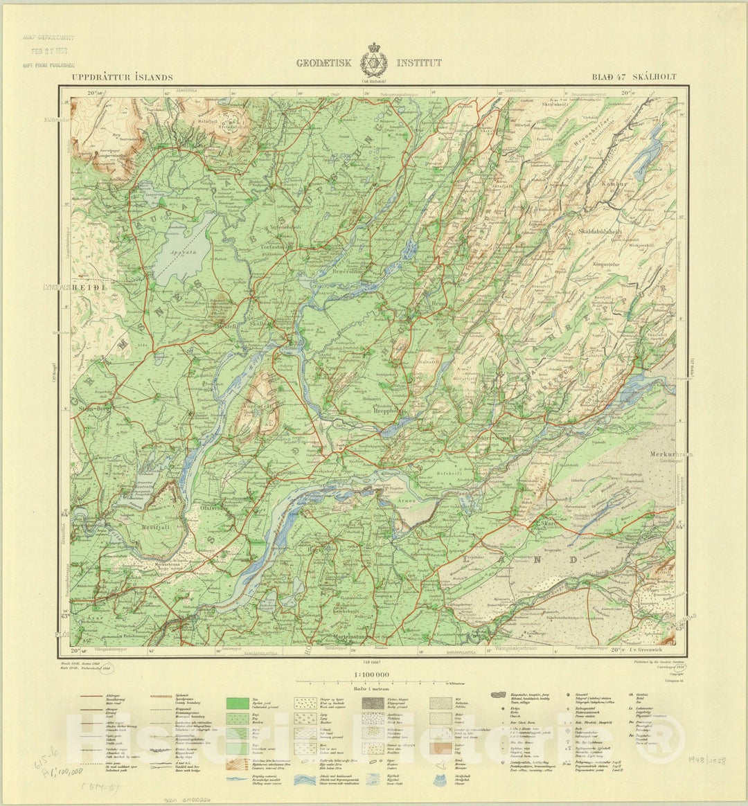 Map : Skalholt, Iceland 1948, Uppdrattur Islands Blad 47 Skalholt, Antique Vintage Reproduction