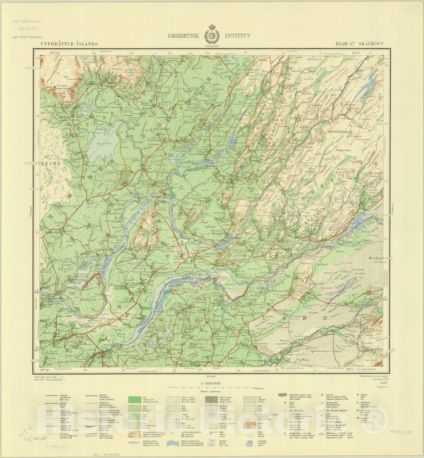 Map : Skalholt, Iceland 1948, Uppdrattur Islands Blad 47 Skalholt, Antique Vintage Reproduction