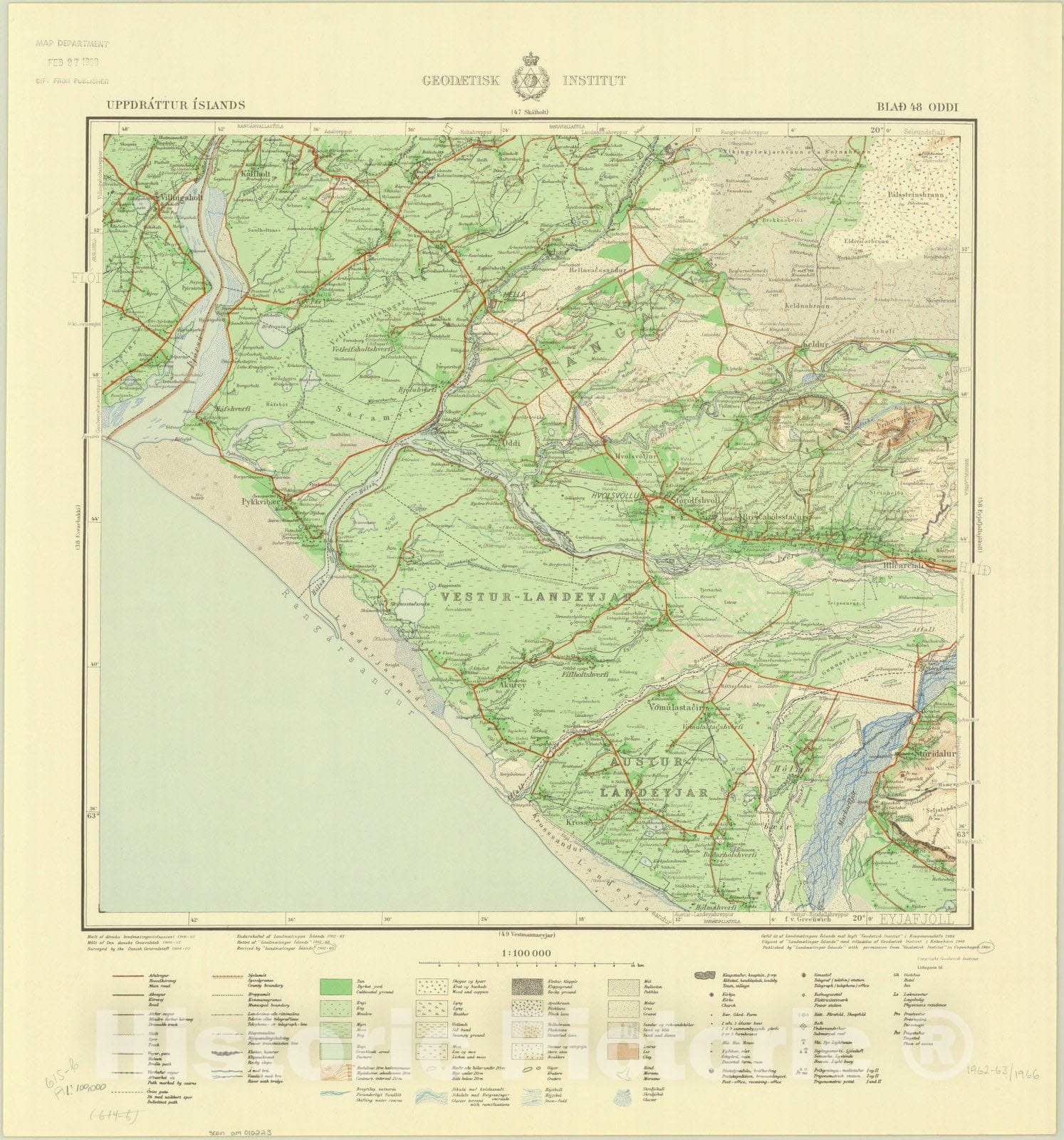 Map : Oddi, Iceland 1966, Uppdrattur Islands Blad 48 Oddi, Antique Vintage Reproduction