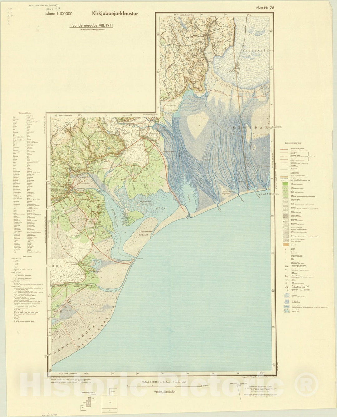 Map : Kirkjubaejarklaustur, Iceland 1941, Island 1:100,000 Kirkjubaejarklaustur Blatt nr. 78, Antique Vintage Reproduction