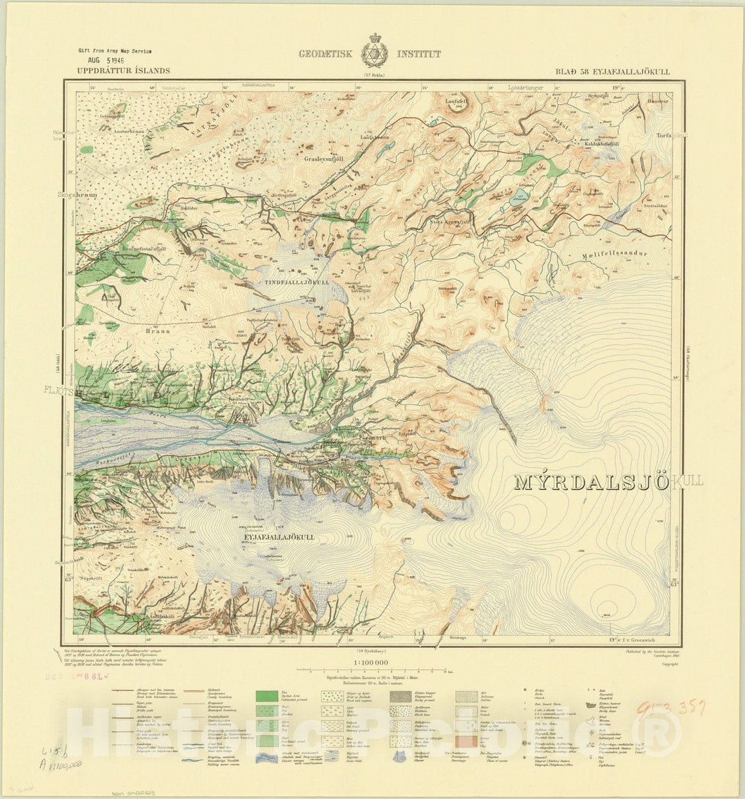 Map : Eyjafjallajokull, Iceland 1945, Uppdrattur Islands Blad 58 Eyjafjallajokull, Antique Vintage Reproduction