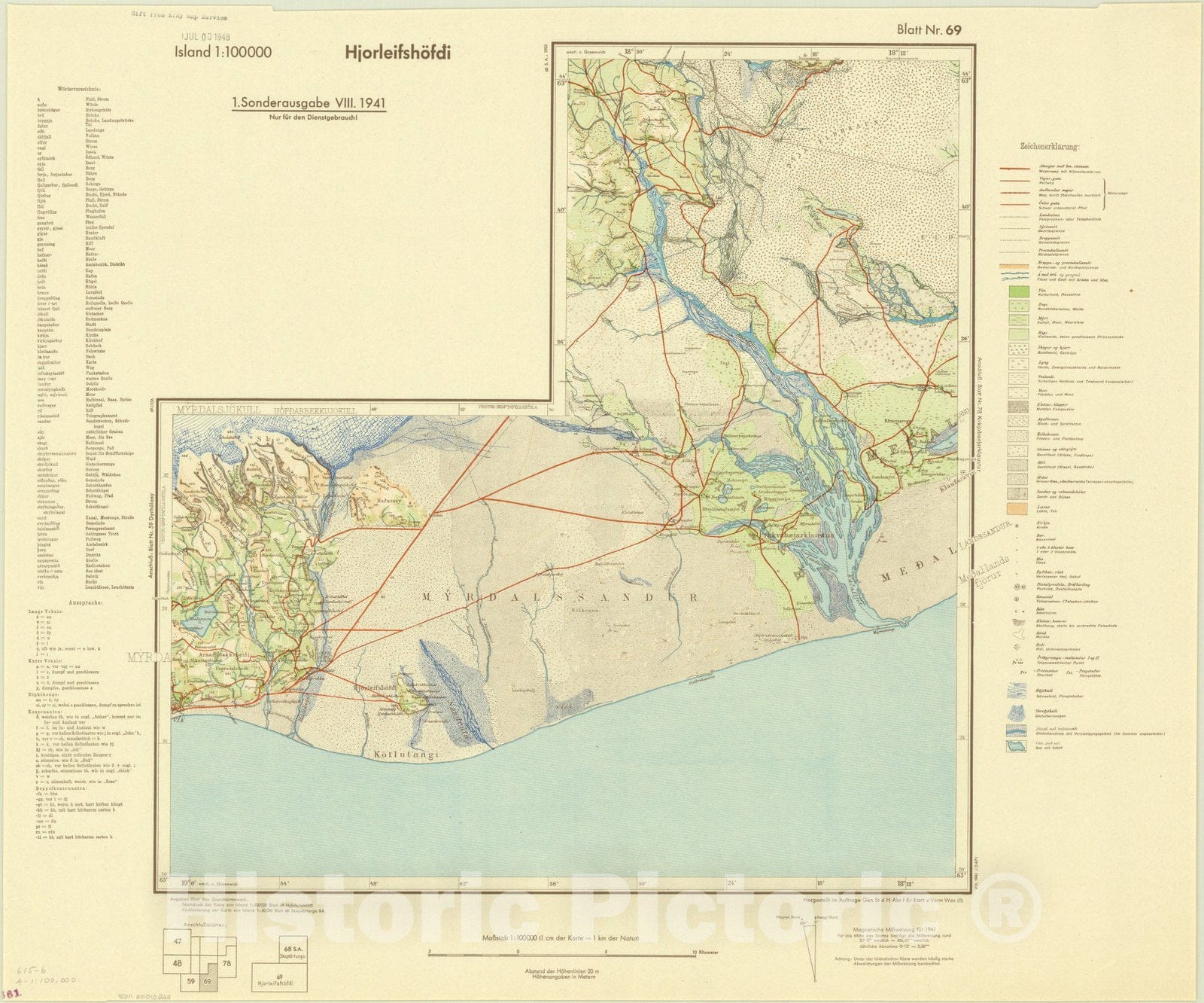 Map : Hj?rleifsh?f?Hj?rl, Iceland 1941, Island 1:100,000 , Antique Vintage Reproduction