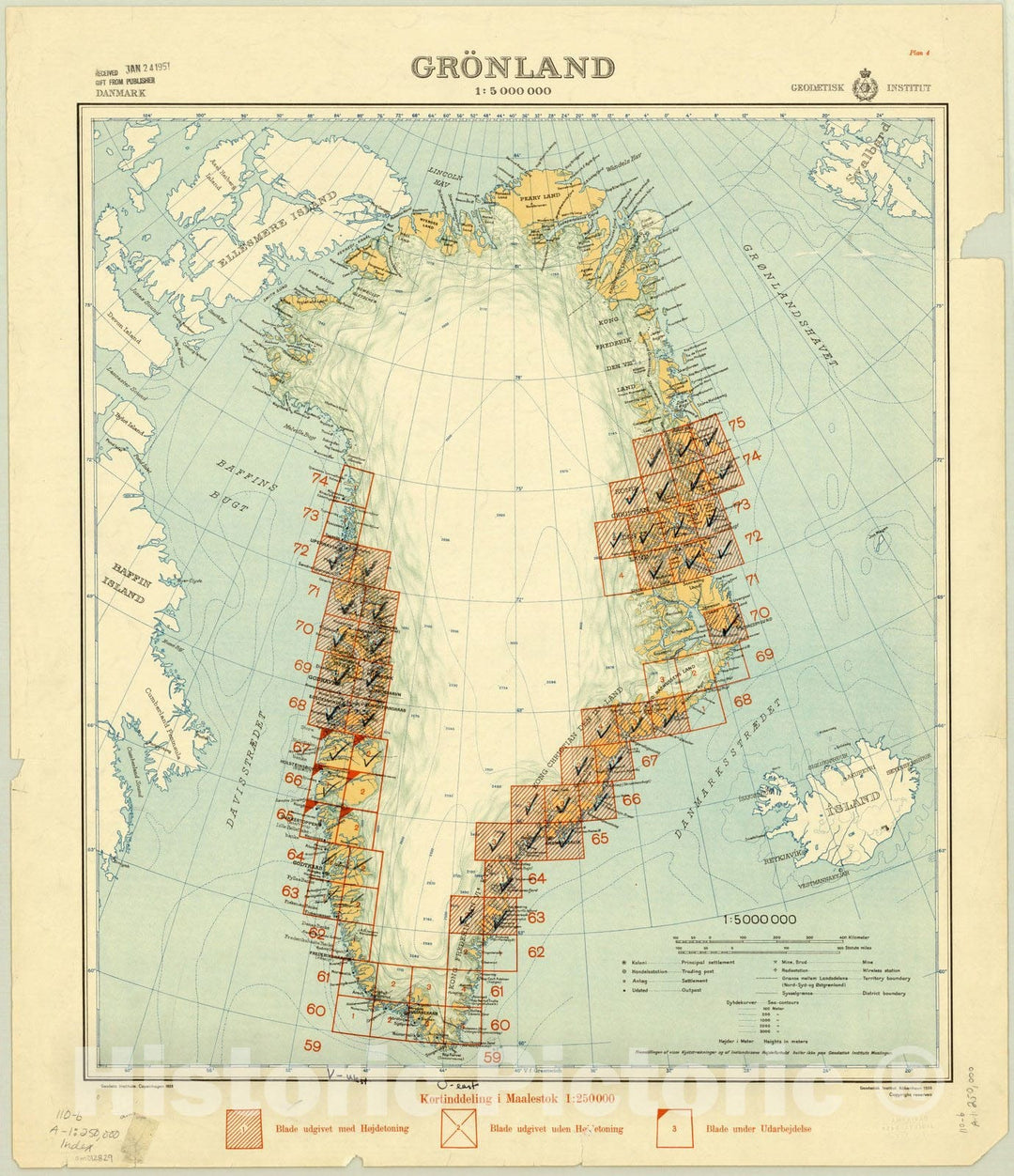 Map : Index to Danish Greenland 1:250,000 set, Danmark, Gronland 1:250 000, Antique Vintage Reproduction