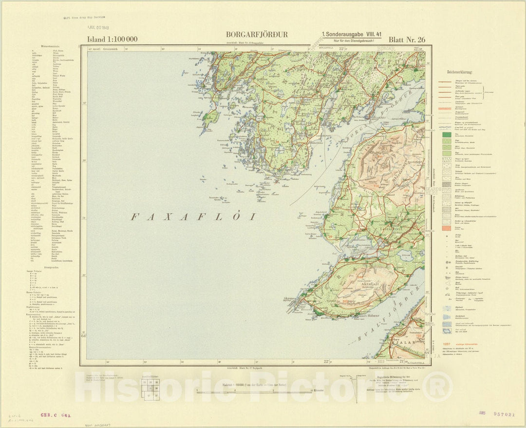 Map : Borgarfjordur, Iceland , Island 1:100 000 Borgarfjordur Blatt nr. 26, Antique Vintage Reproduction