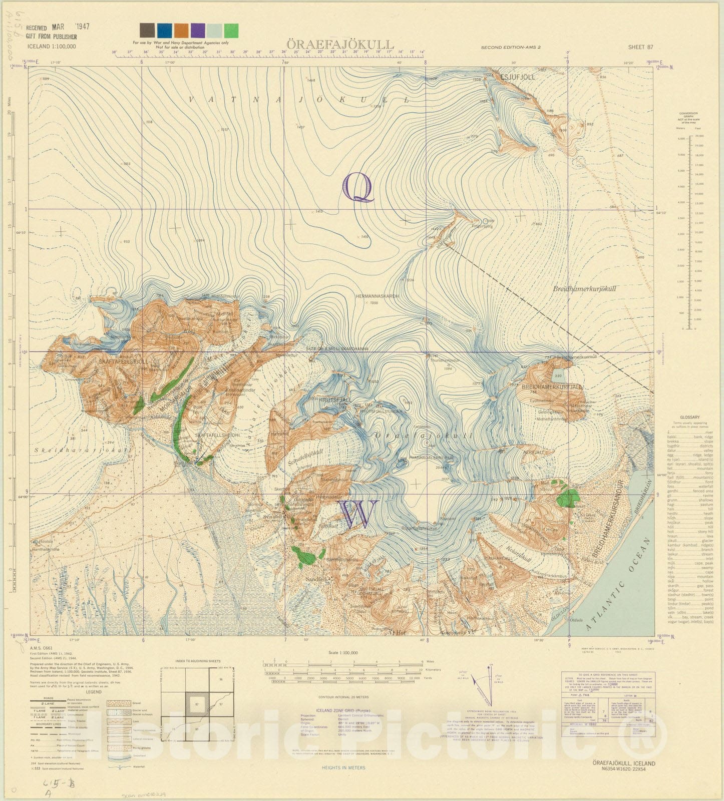 Map : Oraefajokull, Iceland 1944, Iceland 1:100,000 Oraefajokull sheet 87, Antique Vintage Reproduction