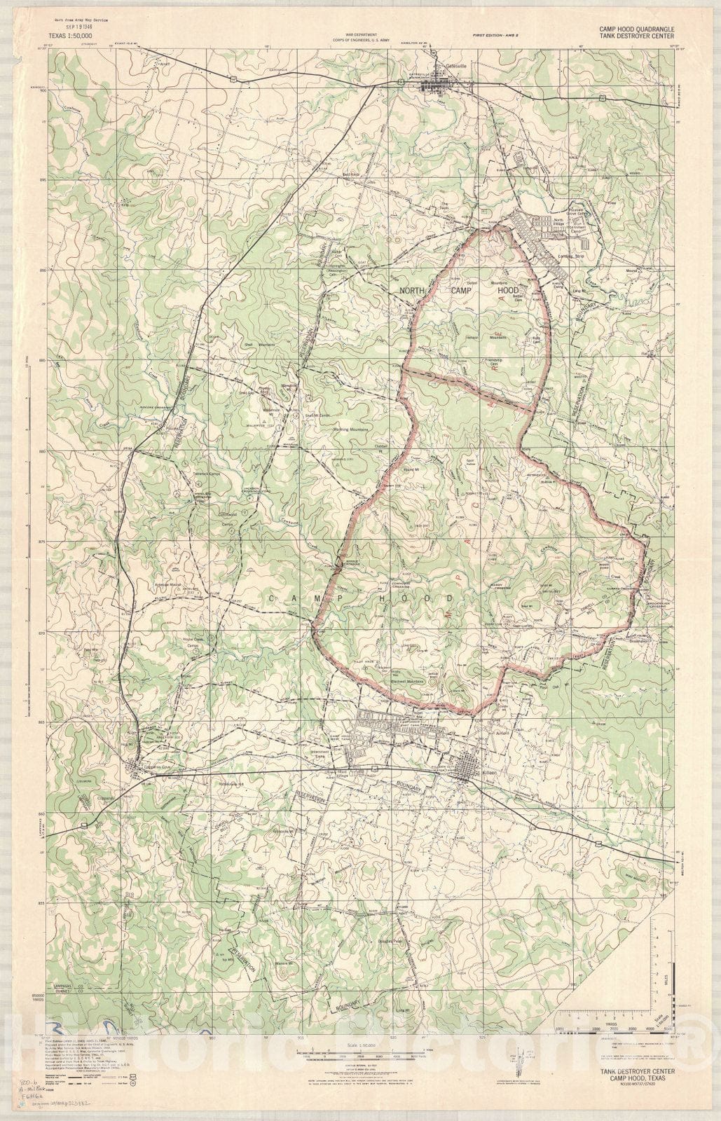 Map : Fort Hood, Texas 1946, Camp Hood quadrangle tank destroyer center , Antique Vintage Reproduction