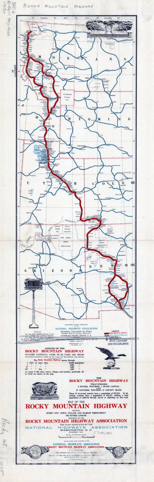 Historic Map : Rocky Mountain Highway 1915, Map of the Rocky Mountain Highway : showing every city, town, village and hamlet throughout its entire length, Antique Vintage Reproduction