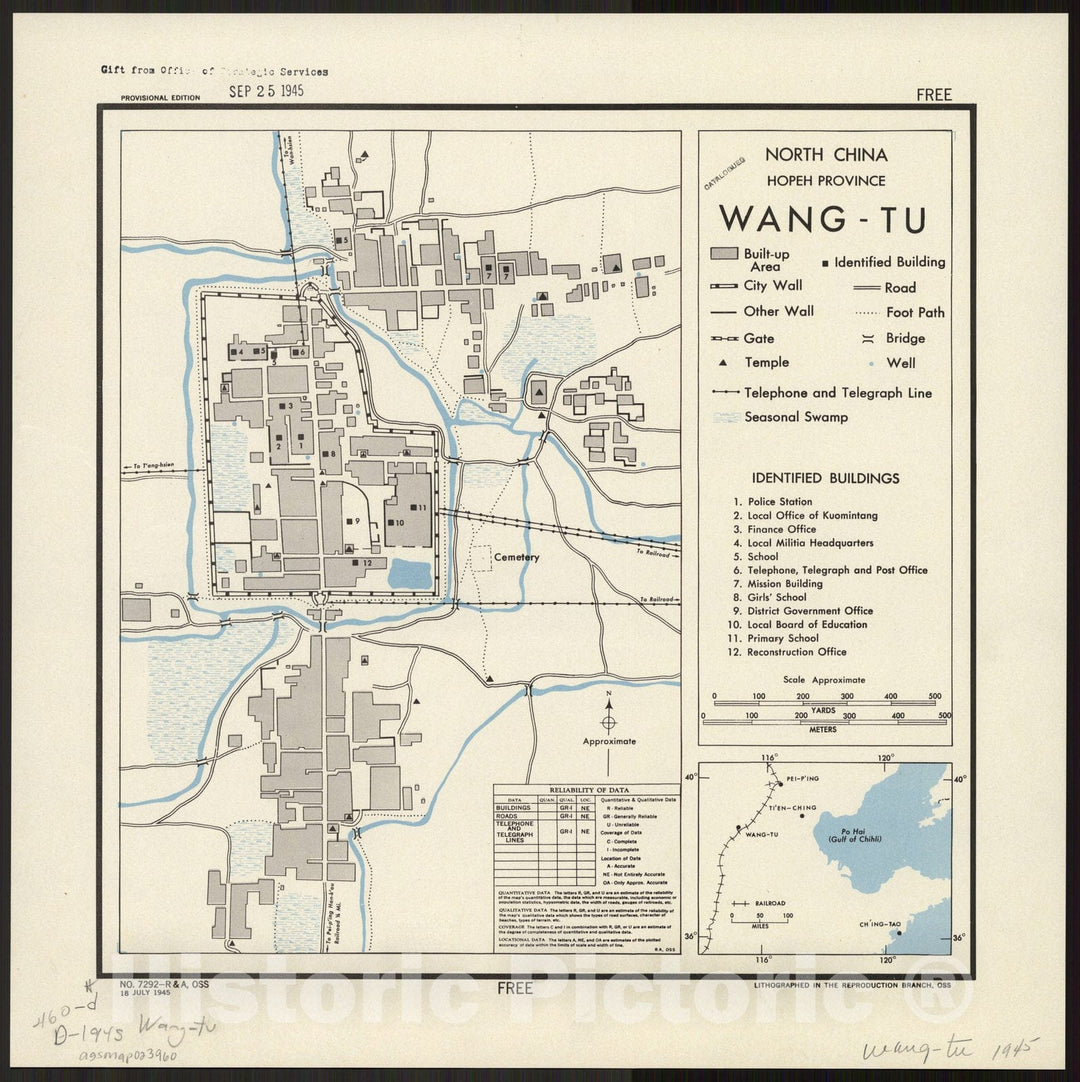 Map : Wangdu Xian, China 1945, North China, Hopeh Province, Wang-tu, Antique Vintage Reproduction