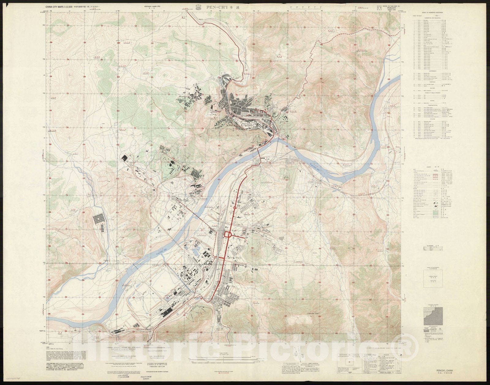 Map : Benxi, China 1958, China city maps 1:12,500 Pen-Ch'i, Antique Vintage Reproduction