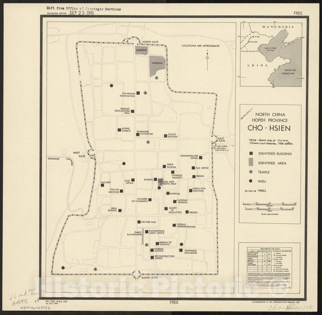 Map : Zhuolu Xian, China 1945, North China, Hopeh Province, Cho-hsien , Antique Vintage Reproduction