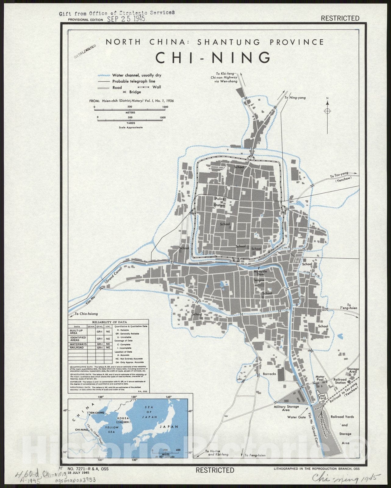 Map : Jining Shi, China 1945, North China, Shantung Province : Chi-ning , Antique Vintage Reproduction