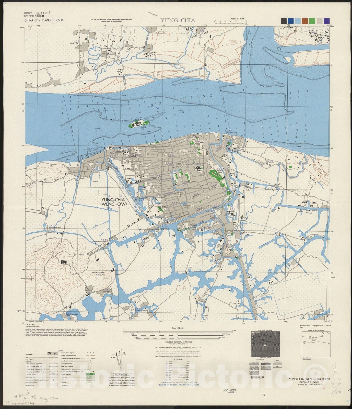 Map : Wenzhou Shi, China 1945, Yung-Chia, Antique Vintage Reproduction