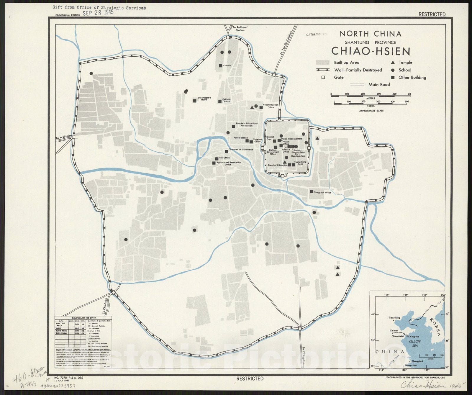 Map : Jiaozhou, China 1945, North China, Shantung Province : town plan of Chiao-Hsien , Antique Vintage Reproduction