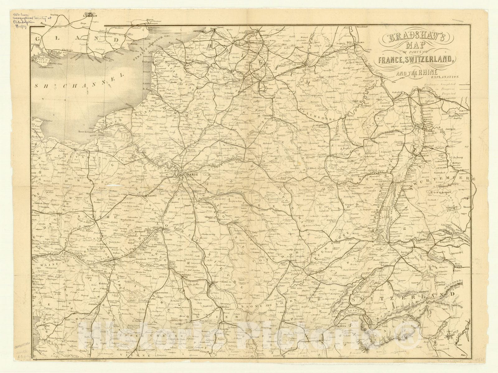 Map : France, Switzerland and the Rhine 1862, Bradshaw's map of parts of France, Switzerland and the Rhine, Antique Vintage Reproduction