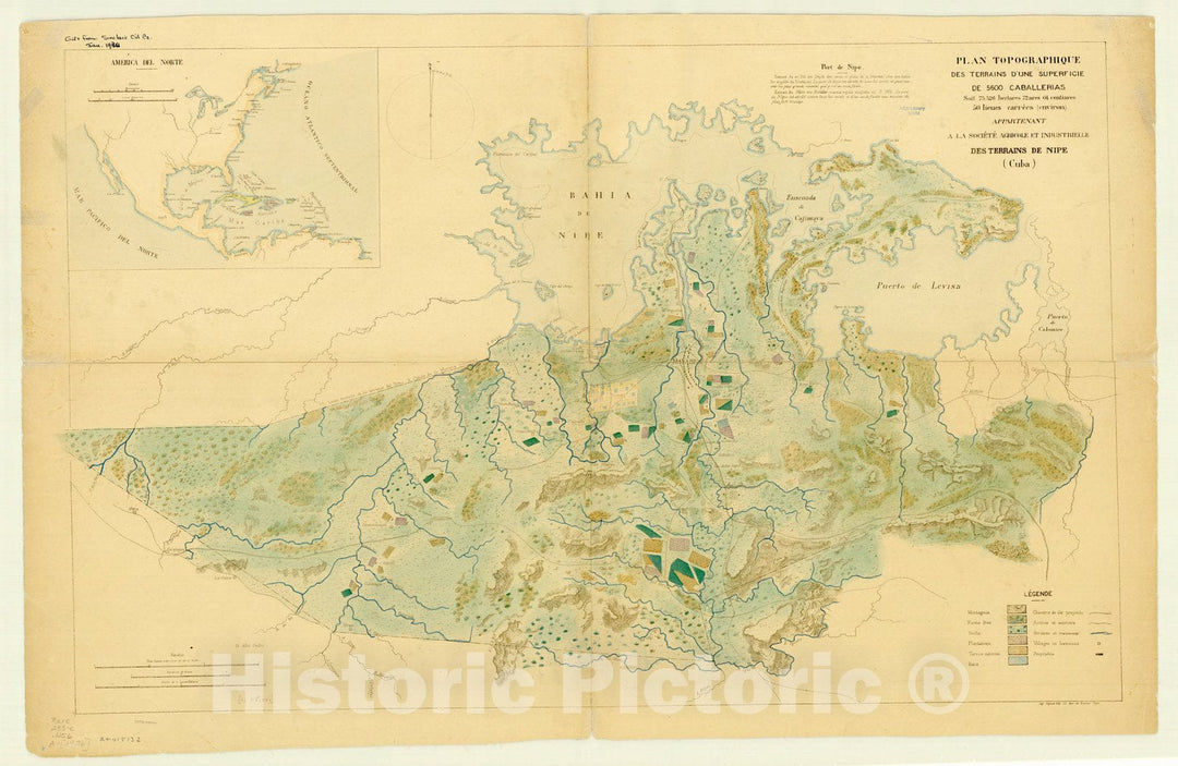 Map : Nipe Bay, Cuba 1876, Plan topographique des terrains d'une superficie de 5600 caballerias (Cuba), Antique Vintage Reproduction