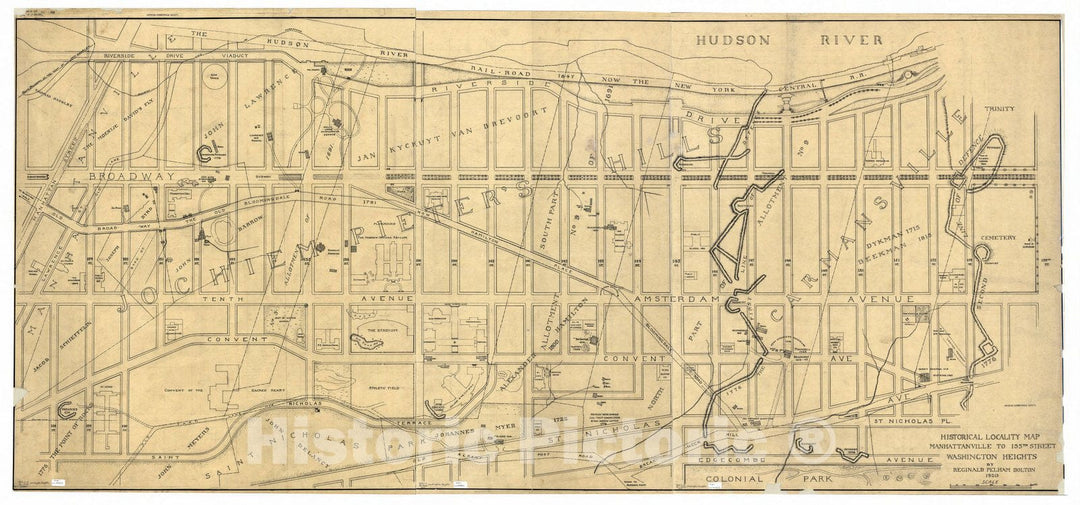 Map : Manhattan, New York 1920, Historical locality map, Manhattanville to 155th Street, Washington Heights , Antique Vintage Reproduction