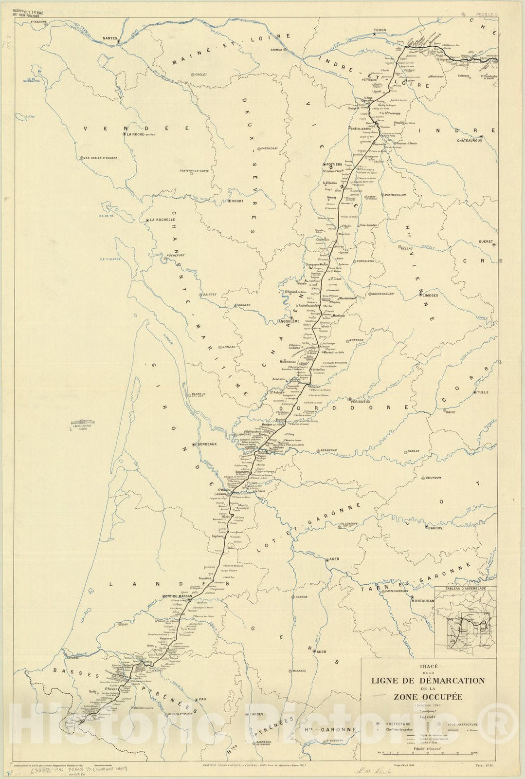 Map : France 1942 1, Trace de ligne de demarcation de la zone occupee : (Decembre 1941) , Antique Vintage Reproduction