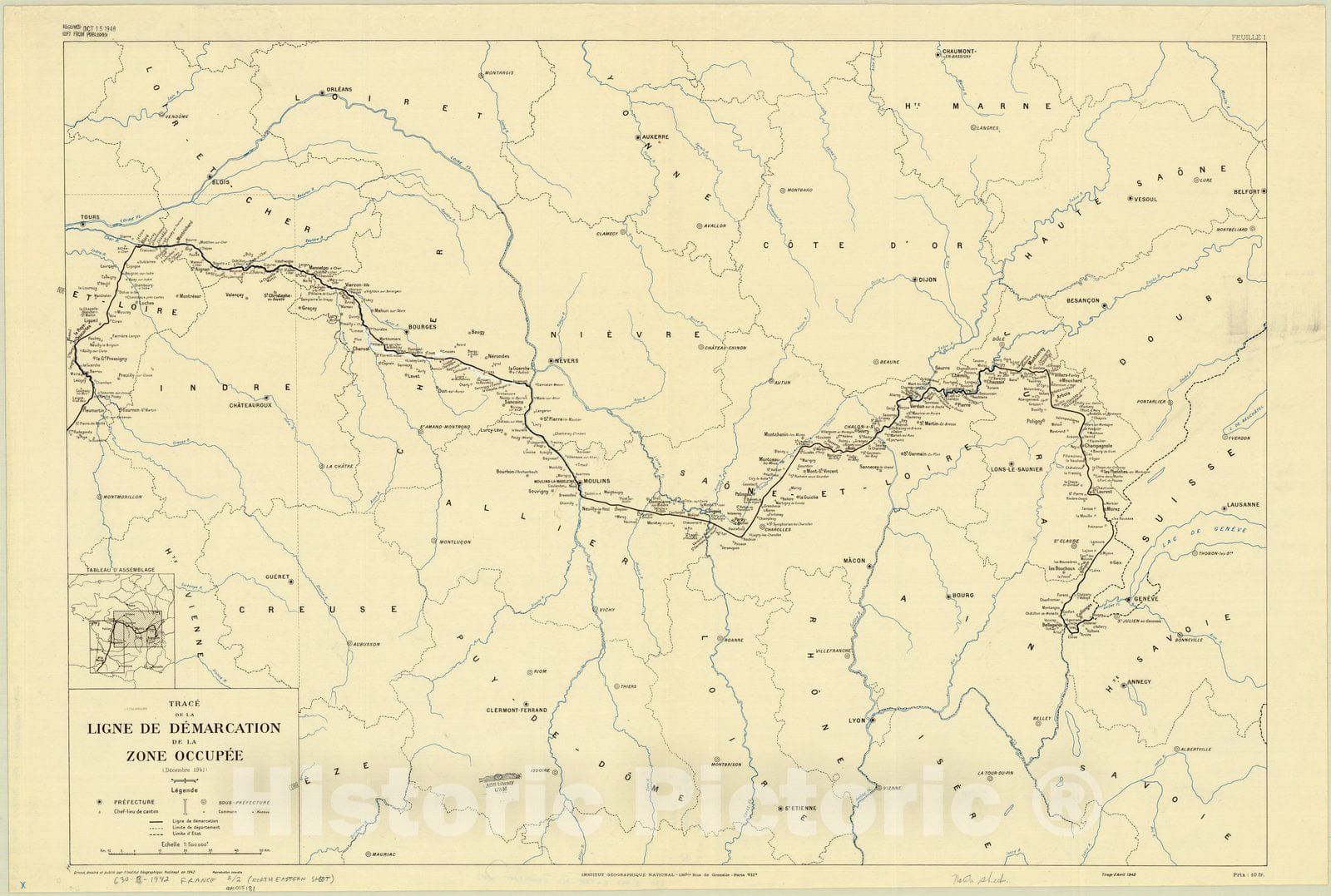 Map : France 1942 2, Trace de ligne de demarcation de la zone occupee : (Decembre 1941) , Antique Vintage Reproduction