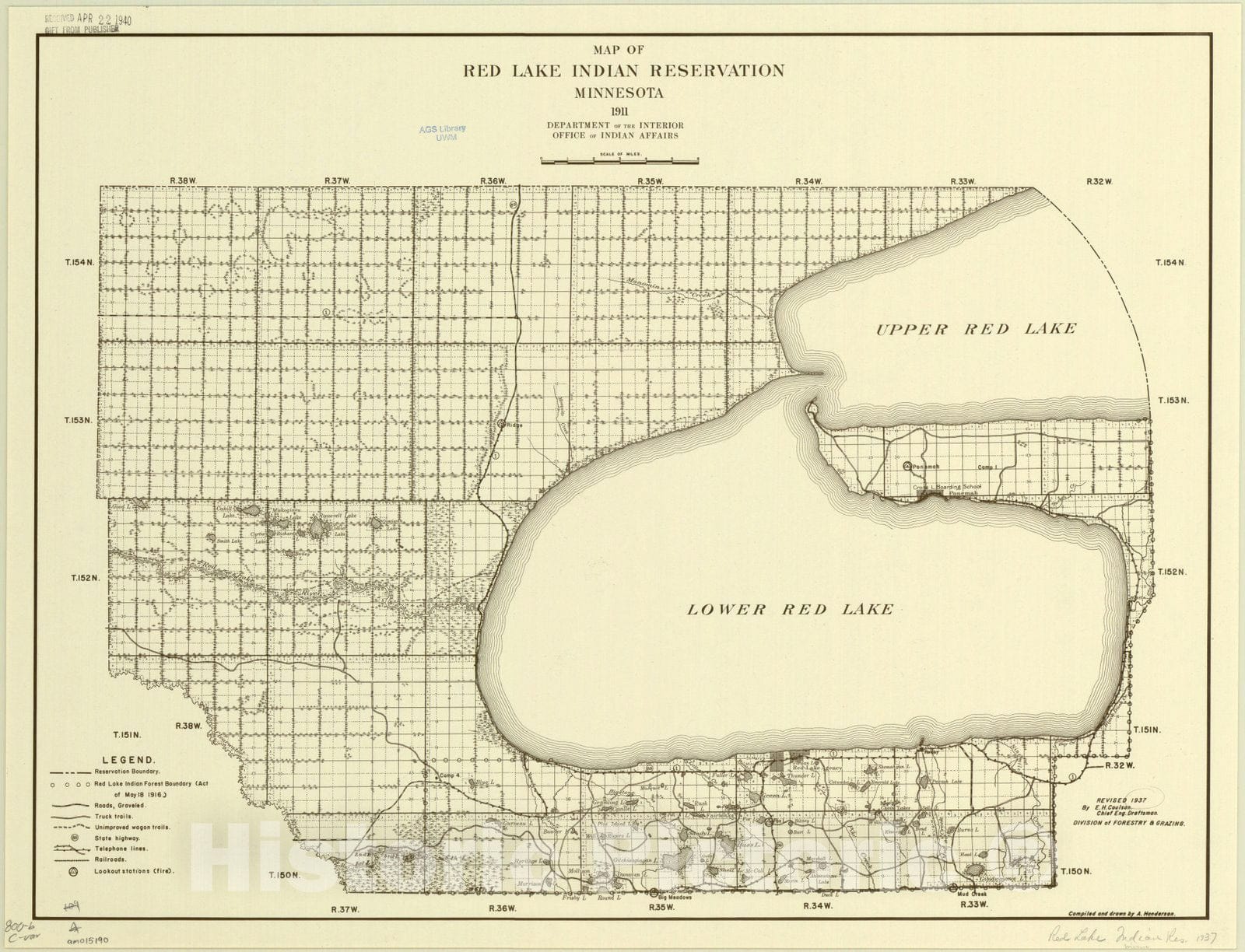 Map : Red Lake Indian Reservation, Minnesota 1937, Map of Red Lake Indian Reservation, Minnesota 1911 , Antique Vintage Reproduction