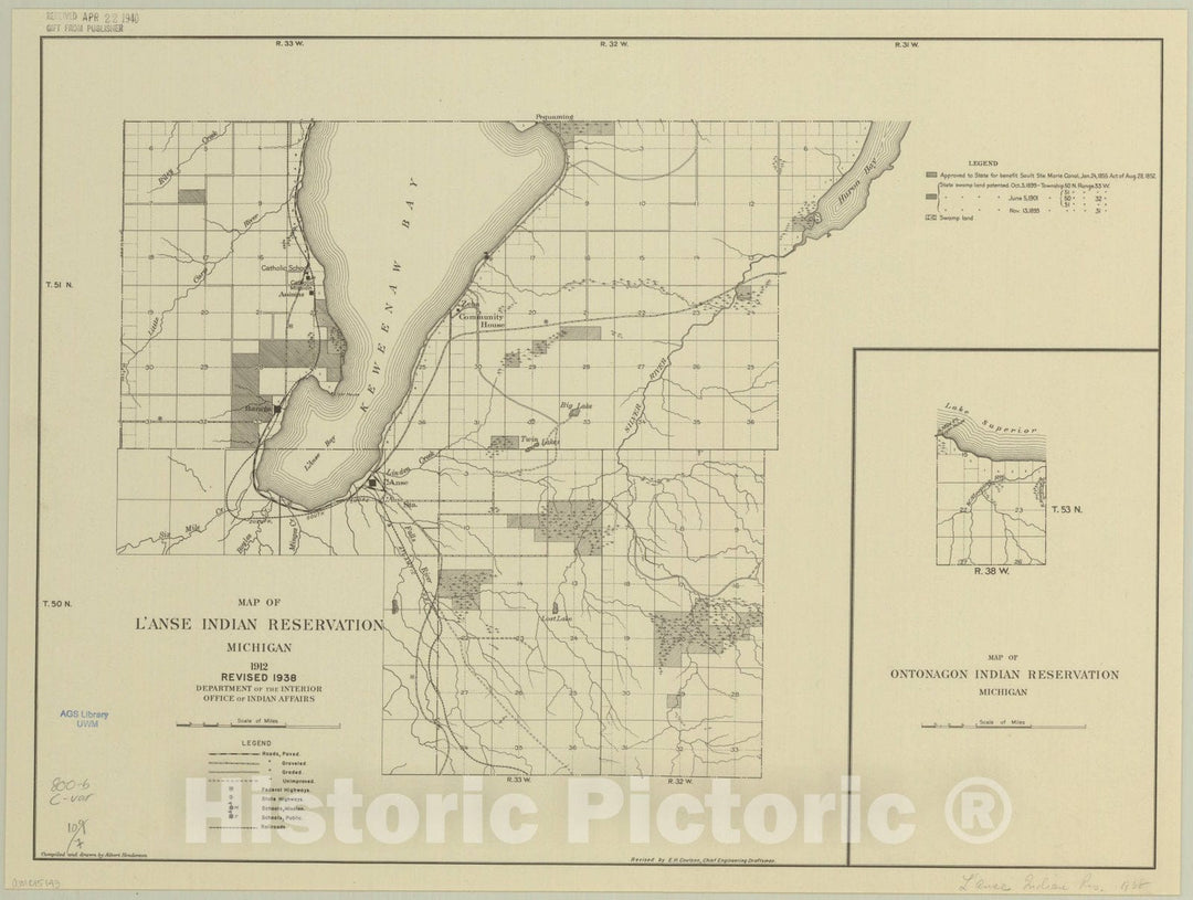 Map : L'Anse, Michigan 1938, Map of L'Anse Indian Reservation, Michigan 1912, revised 1938 , Antique Vintage Reproduction