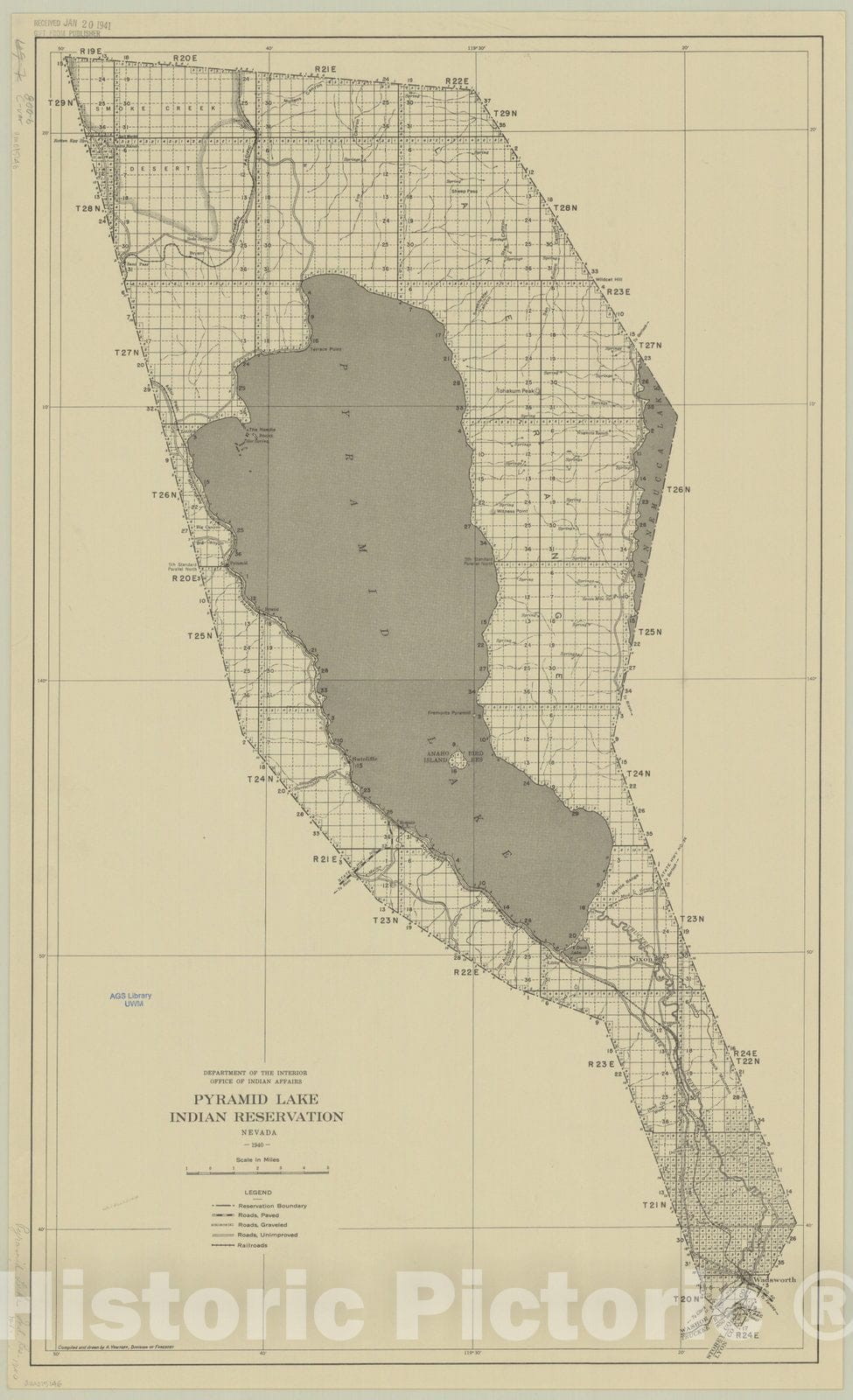 Map : Pyramid Lake, Nevada 1940, Pyramid Lake Indian Reservation, Nevada 1940 , Antique Vintage Reproduction