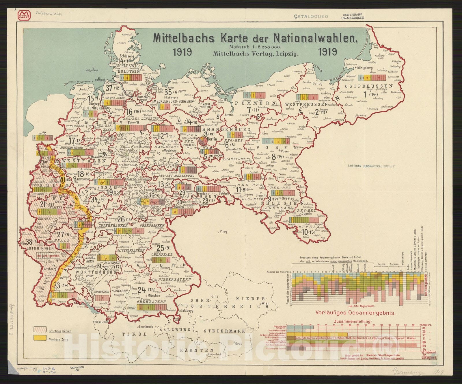 Map : Germany 1919, Mittelbachs Karte der Nationalwahlen , Antique Vintage Reproduction