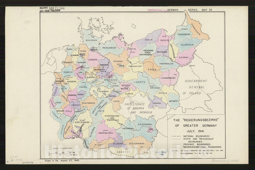 Map : Germany 1942, The |"Regierungsbezirke|" of greater Germany July, 1941 , Antique Vintage Reproduction