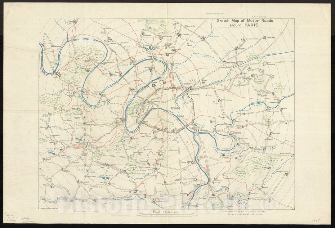 Map : Paris, France 1919, Sketch map of motor roads around Paris, Antique Vintage Reproduction