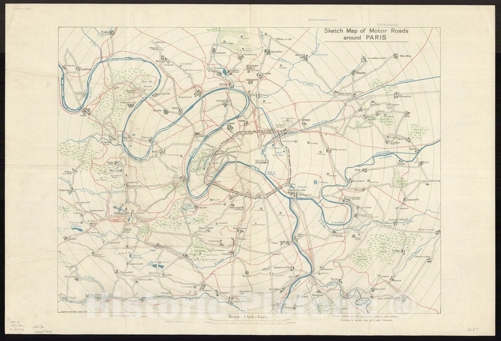 Map : Paris, France 1919, Sketch map of motor roads around Paris, Antique Vintage Reproduction